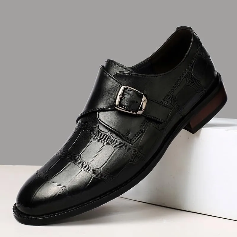 HOOENG Dress Oxford Formal Shoes for Men Slip On Round Toe Stone Pattern Monk Strap Leather Rubber Sole Non Slip Low Top Block Heel Slip Resistant Working