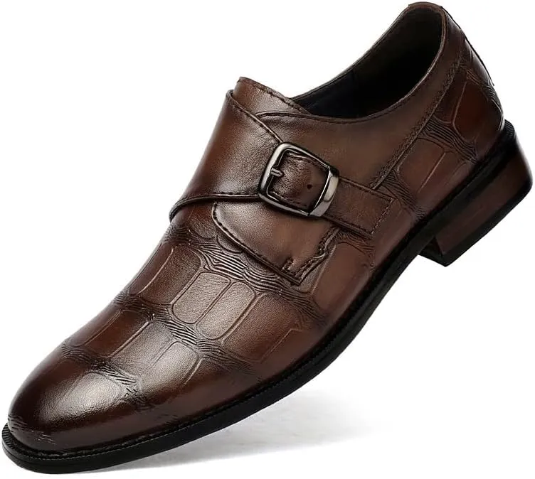 HOOENG Dress Oxford Formal Shoes for Men Slip On Round Toe Stone Pattern Monk Strap Leather Rubber Sole Non Slip Low Top Block Heel Slip Resistant Working