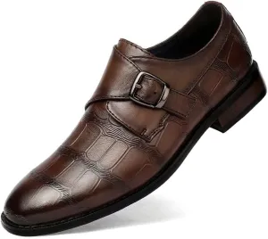 HOOENG Dress Oxford Formal Shoes for Men Slip On Round Toe Stone Pattern Monk Strap Leather Rubber Sole Non Slip Low Top Block Heel Slip Resistant Working