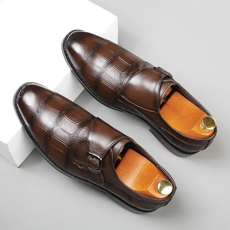 HOOENG Dress Oxford Formal Shoes for Men Slip On Round Toe Stone Pattern Monk Strap Leather Rubber Sole Non Slip Low Top Block Heel Slip Resistant Working