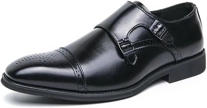 HOOENG Dress Shoes for Men Slip On Square Burnished Toe Brogue Cap Toe Double Monk Strap Vegan Leather Block Heel Slip Resistant Low Top Anti-Slip Non Slip (Color : Black, Size : 11)
