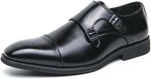 HOOENG Dress Shoes for Men Slip On Square Burnished Toe Brogue Cap Toe Double Monk Strap Vegan Leather Block Heel Slip Resistant Low Top Anti-Slip Non Slip (Color : Black, Size : 7.5)