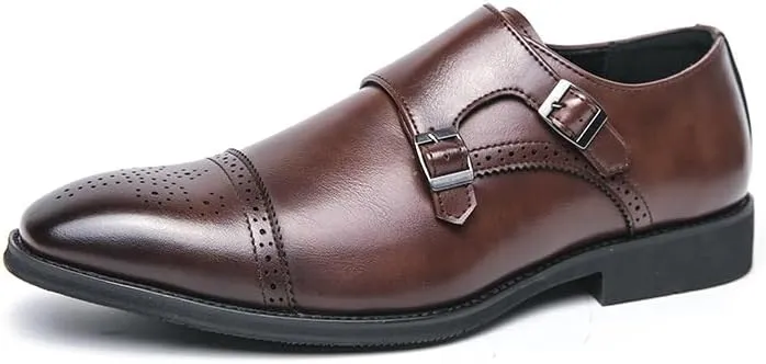 HOOENG Dress Shoes for Men Slip On Square Burnished Toe Brogue Cap Toe Double Monk Strap Vegan Leather Block Heel Slip Resistant Low Top Anti-Slip Non Slip (Color : Brown, Size : 11)