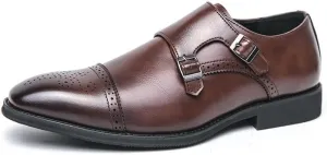 HOOENG Dress Shoes for Men Slip On Square Burnished Toe Brogue Cap Toe Double Monk Strap Vegan Leather Block Heel Slip Resistant Low Top Anti-Slip Non Slip (Color : Brown, Size : 8.5)