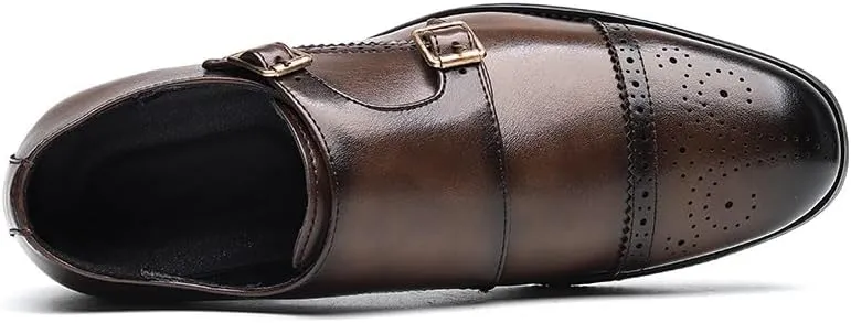 HOOENG Formal Shoes Dress Oxford for Men Slip On Round Burnished Toe Double Monk Strap Vegan Leather Block Heel Slip Resistant Low Top Walking