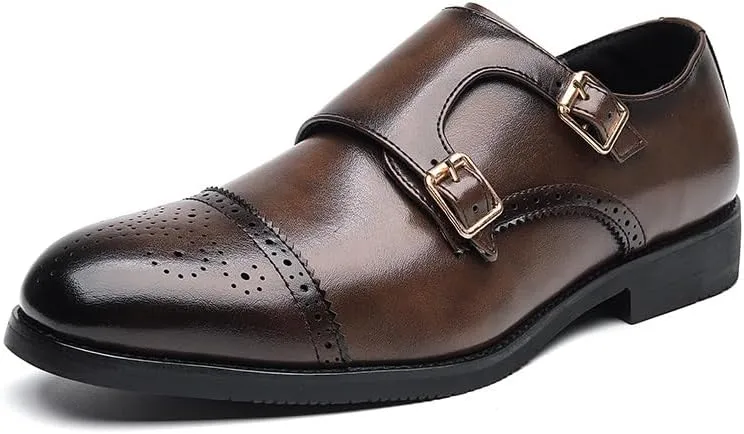 HOOENG Formal Shoes Dress Oxford for Men Slip On Round Burnished Toe Double Monk Strap Vegan Leather Block Heel Slip Resistant Low Top Walking