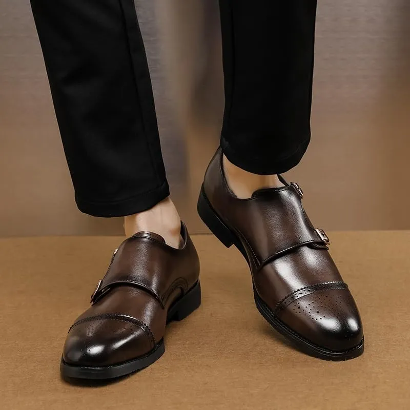 HOOENG Formal Shoes Dress Oxford for Men Slip On Round Burnished Toe Double Monk Strap Vegan Leather Block Heel Slip Resistant Low Top Walking