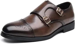 HOOENG Formal Shoes Dress Oxford for Men Slip On Round Burnished Toe Double Monk Strap Vegan Leather Block Heel Slip Resistant Low Top Walking
