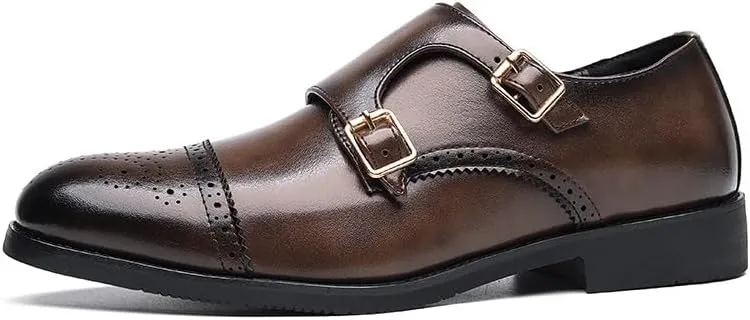 HOOENG Formal Shoes Dress Oxford for Men Slip On Round Burnished Toe Double Monk Strap Vegan Leather Block Heel Slip Resistant Low Top Walking