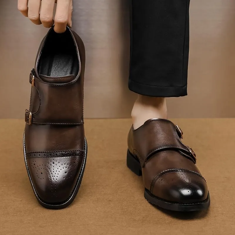 HOOENG Formal Shoes Dress Oxford for Men Slip On Round Burnished Toe Double Monk Strap Vegan Leather Block Heel Slip Resistant Low Top Walking