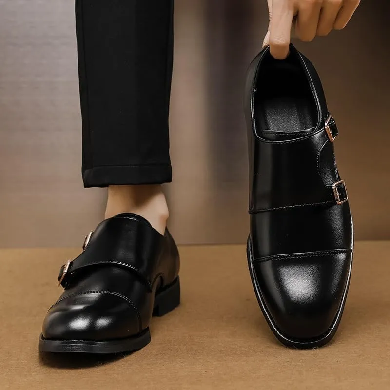 HOOENG Formal Shoes Dress Oxford for Men Slip On Round Burnished Toe PU Leather Double Monk Strap Cap Toe Rubber Sole Block Heel Slip Resistant Outdoor