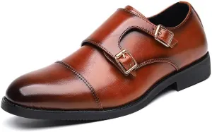 HOOENG Formal Shoes Dress Oxford for Men Slip On Round Burnished Toe PU Leather Double Monk Strap Cap Toe Rubber Sole Block Heel Slip Resistant Outdoor