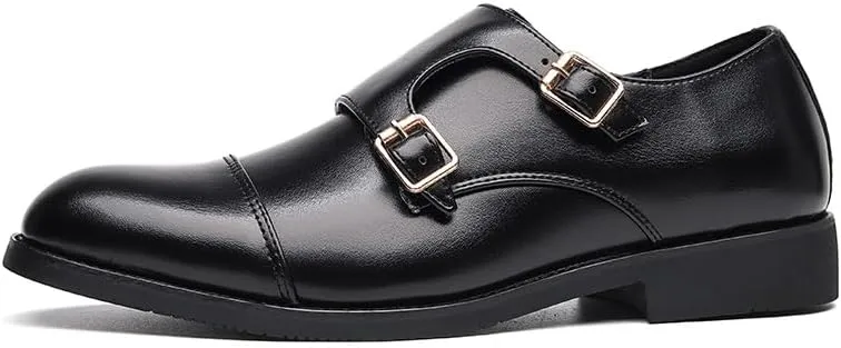 HOOENG Formal Shoes Dress Oxford for Men Slip On Round Burnished Toe PU Leather Double Monk Strap Cap Toe Rubber Sole Block Heel Slip Resistant Outdoor