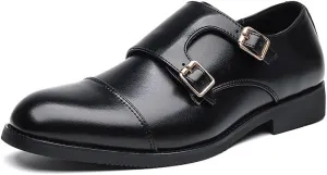 HOOENG Formal Shoes Dress Oxford for Men Slip On Round Burnished Toe PU Leather Double Monk Strap Cap Toe Rubber Sole Block Heel Slip Resistant Outdoor