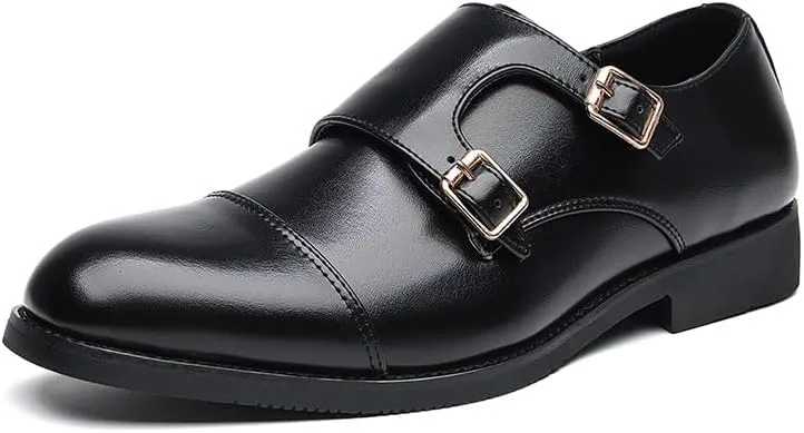 HOOENG Formal Shoes Dress Oxford for Men Slip On Round Burnished Toe PU Leather Double Monk Strap Cap Toe Rubber Sole Block Heel Slip Resistant Outdoor