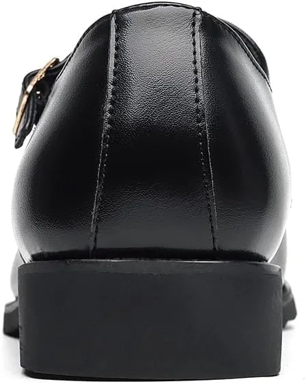 HOOENG Formal Shoes Dress Oxford for Men Slip On Round Burnished Toe PU Leather Double Monk Strap Cap Toe Rubber Sole Block Heel Slip Resistant Outdoor