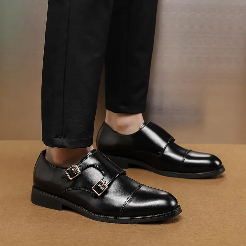 HOOENG Formal Shoes Dress Oxford for Men Slip On Round Burnished Toe PU Leather Double Monk Strap Cap Toe Rubber Sole Block Heel Slip Resistant Outdoor