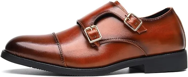 HOOENG Formal Shoes Dress Oxford for Men Slip On Round Burnished Toe PU Leather Double Monk Strap Cap Toe Rubber Sole Block Heel Slip Resistant Outdoor