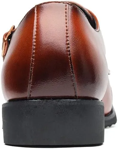 HOOENG Formal Shoes Dress Oxford for Men Slip On Round Burnished Toe PU Leather Double Monk Strap Cap Toe Rubber Sole Block Heel Slip Resistant Outdoor