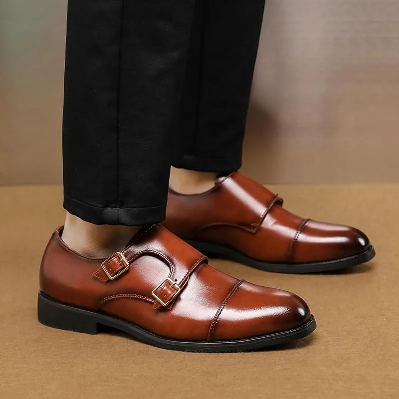 HOOENG Formal Shoes Dress Oxford for Men Slip On Round Burnished Toe PU Leather Double Monk Strap Cap Toe Rubber Sole Block Heel Slip Resistant Outdoor