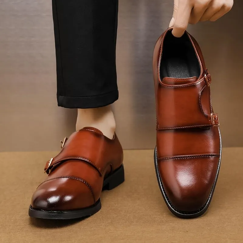 HOOENG Formal Shoes Dress Oxford for Men Slip On Round Burnished Toe PU Leather Double Monk Strap Cap Toe Rubber Sole Block Heel Slip Resistant Outdoor