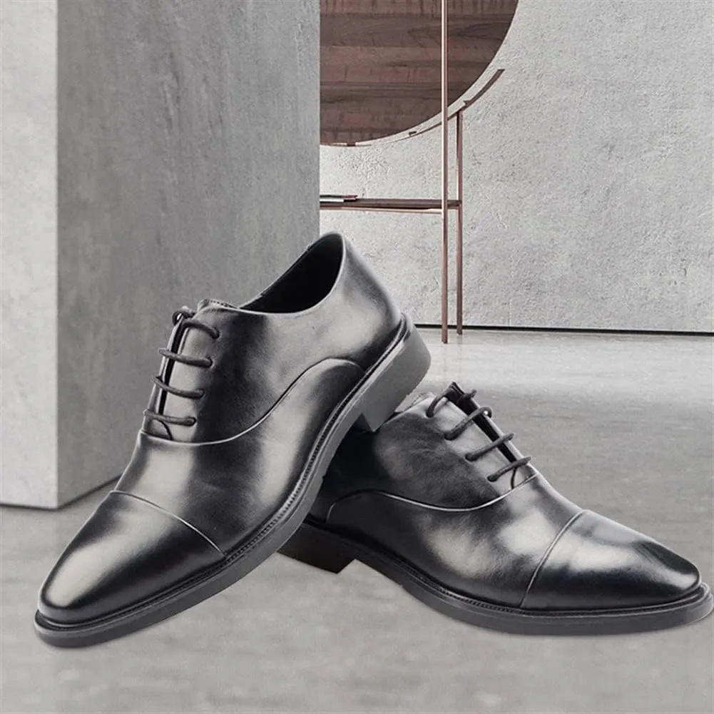 HOOENG Formal Shoes for Men Lace Up Cap Toe Round Toe Leather Anti-Slip Block Heel Rubber Sole Party