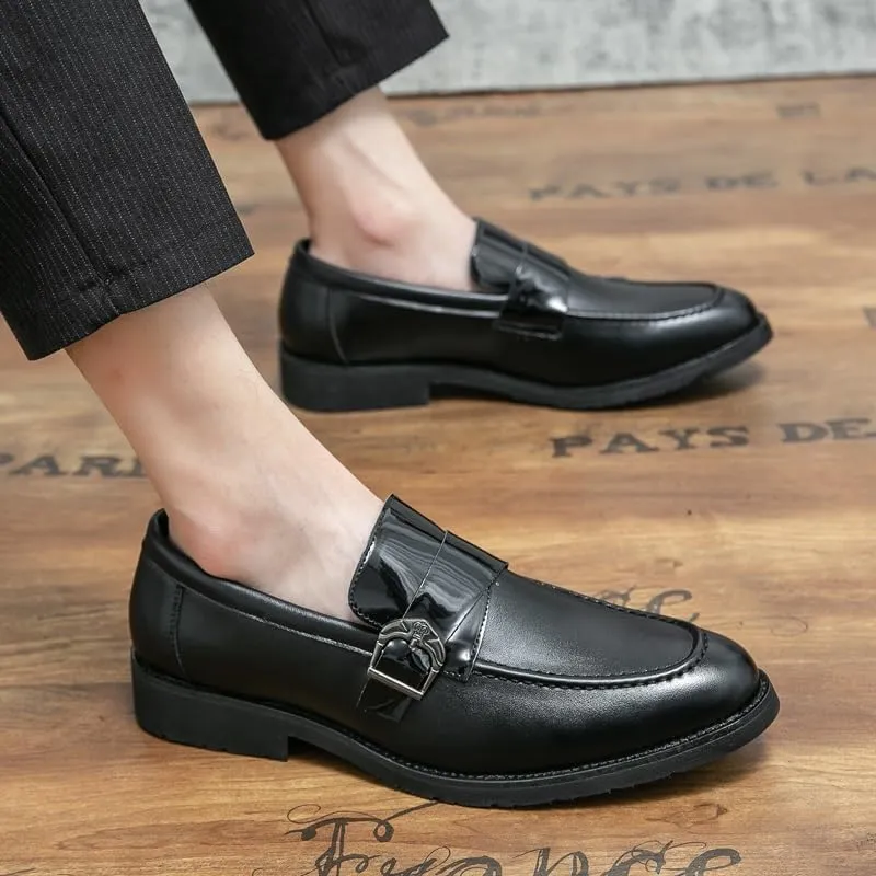 HOOENG Oxford Formal Shoes for Men Slip On Pointed Toe Vegan Leather Apron Toe Monk Strap Slip Resistant Low Top Anti-Slip Block Heel Working