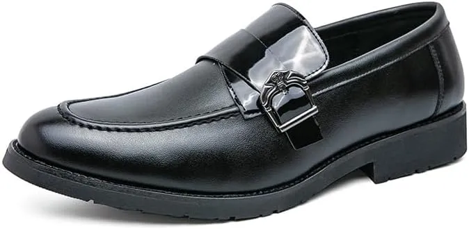 HOOENG Oxford Formal Shoes for Men Slip On Pointed Toe Vegan Leather Apron Toe Monk Strap Slip Resistant Low Top Anti-Slip Block Heel Working