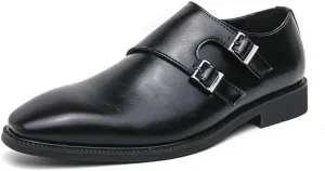 HOOENG Shoes Dress Oxford for Men Slip On Pointed Toe PU Leather Double Monk Strap Rubber Sole Slip Resistant Anti-Slip Low Top Working(Color:Black,Size:8)