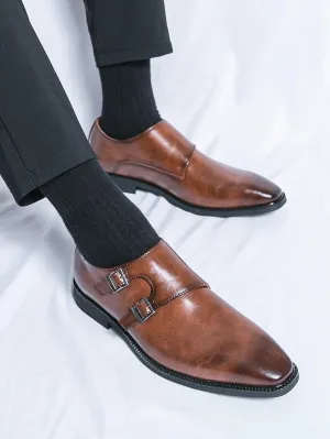 HOOENG Shoes Dress Oxford for Men Slip On Pointed Toe PU Leather Double Monk Strap Rubber Sole Slip Resistant Anti-Slip Low Top Working(Color:Brown,Size:10.5)