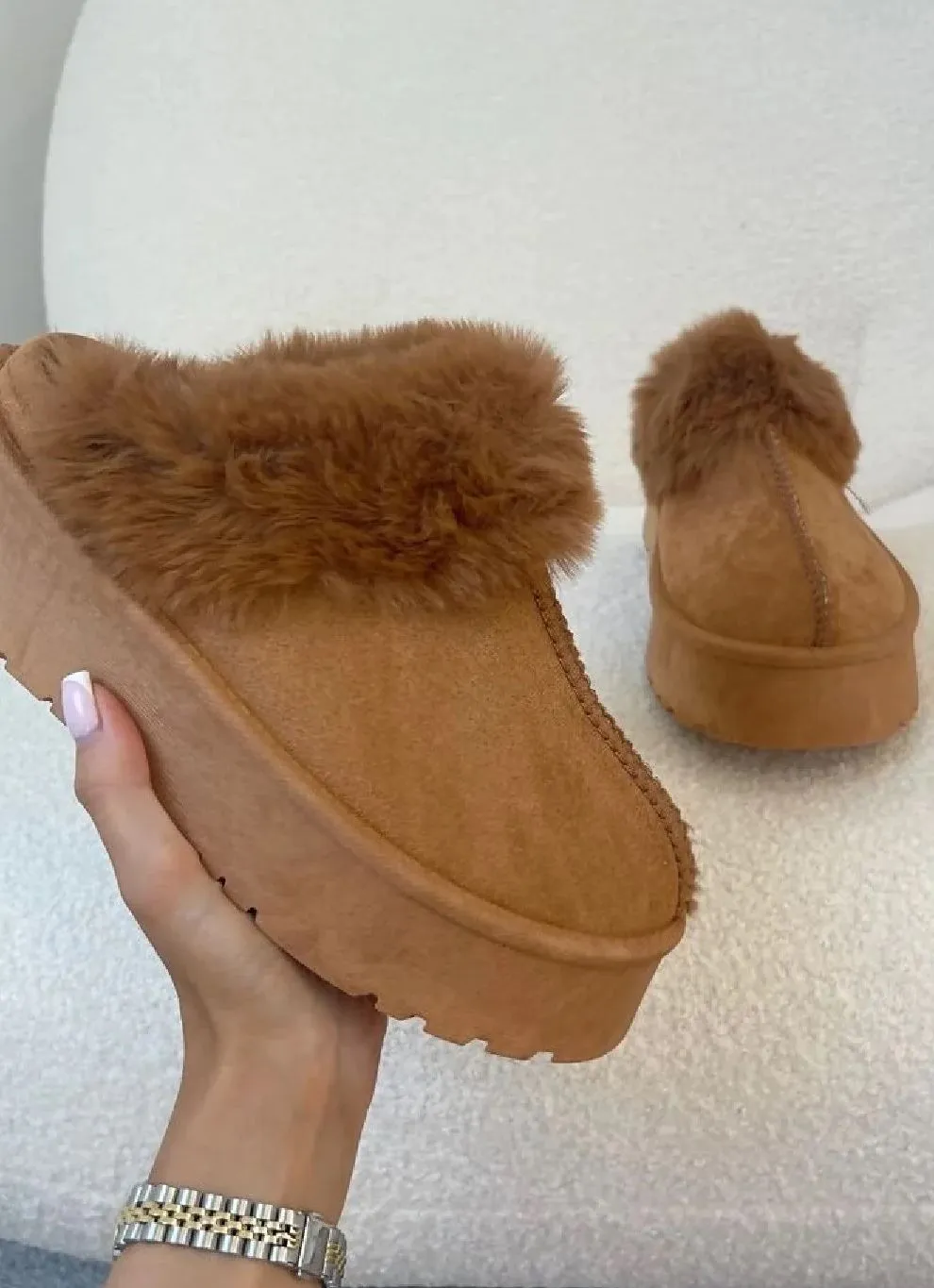 H.O.S Chestnut Womens Faux Fur Platform Mules Slippers Fluffy Shoes(Buy Size Up)