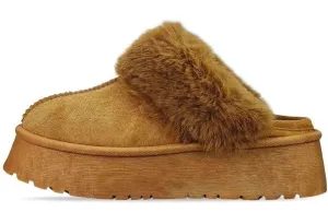 H.O.S Chestnut Womens Faux Fur Platform Mules Slippers Fluffy Shoes(Buy Size Up)