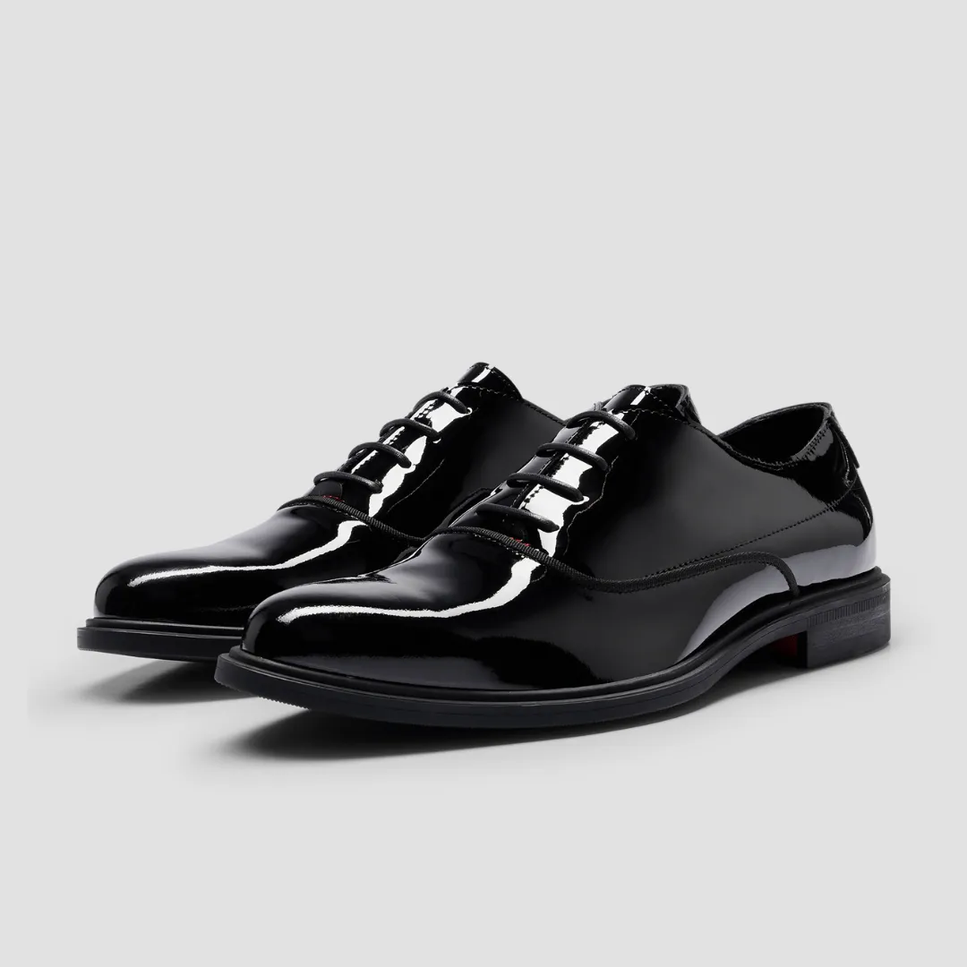 Hugo Boss Oxford Dress Shoes with Stacked Logo in Patent Black Leather