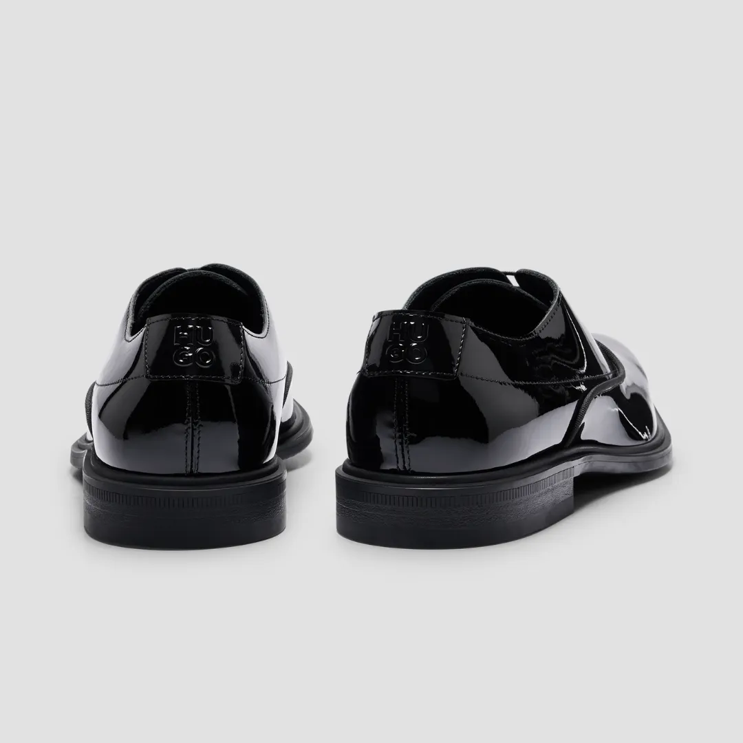 Hugo Boss Oxford Dress Shoes with Stacked Logo in Patent Black Leather
