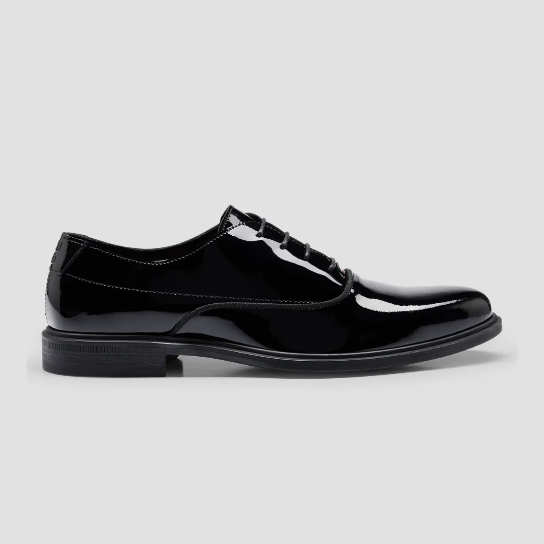 Hugo Boss Oxford Dress Shoes with Stacked Logo in Patent Black Leather