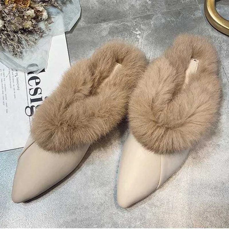kamames Animal Fur Slides Slippers Women Lady Natural Rabbit Mules Flip Flops Female Fluffy Fur Indoor Sandals Plush Shoes mules