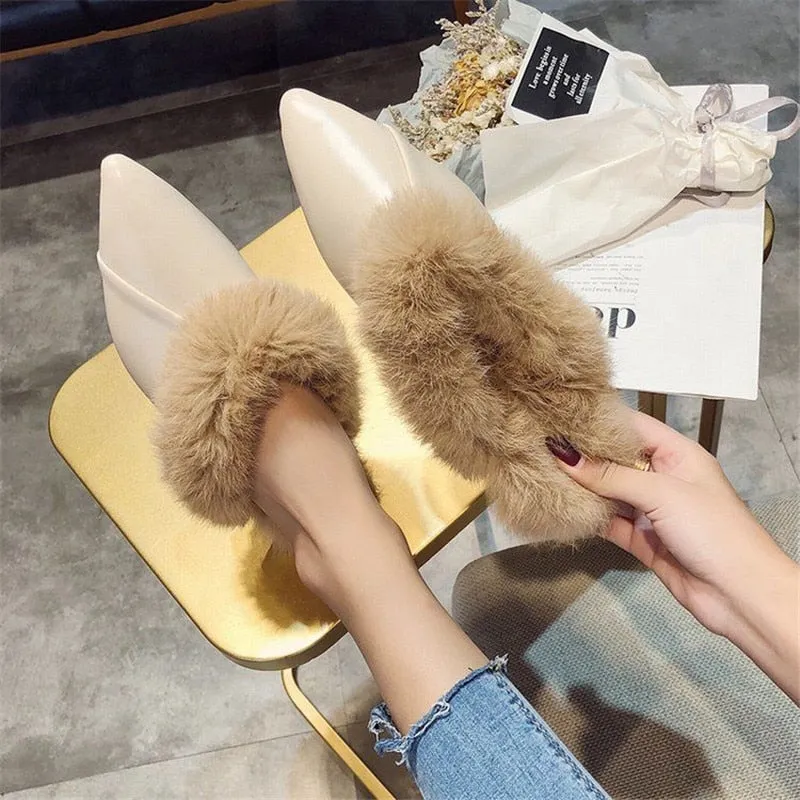 kamames Animal Fur Slides Slippers Women Lady Natural Rabbit Mules Flip Flops Female Fluffy Fur Indoor Sandals Plush Shoes mules