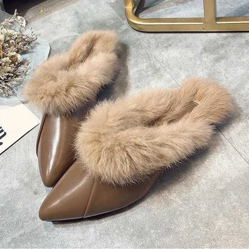 kamames Animal Fur Slides Slippers Women Lady Natural Rabbit Mules Flip Flops Female Fluffy Fur Indoor Sandals Plush Shoes mules