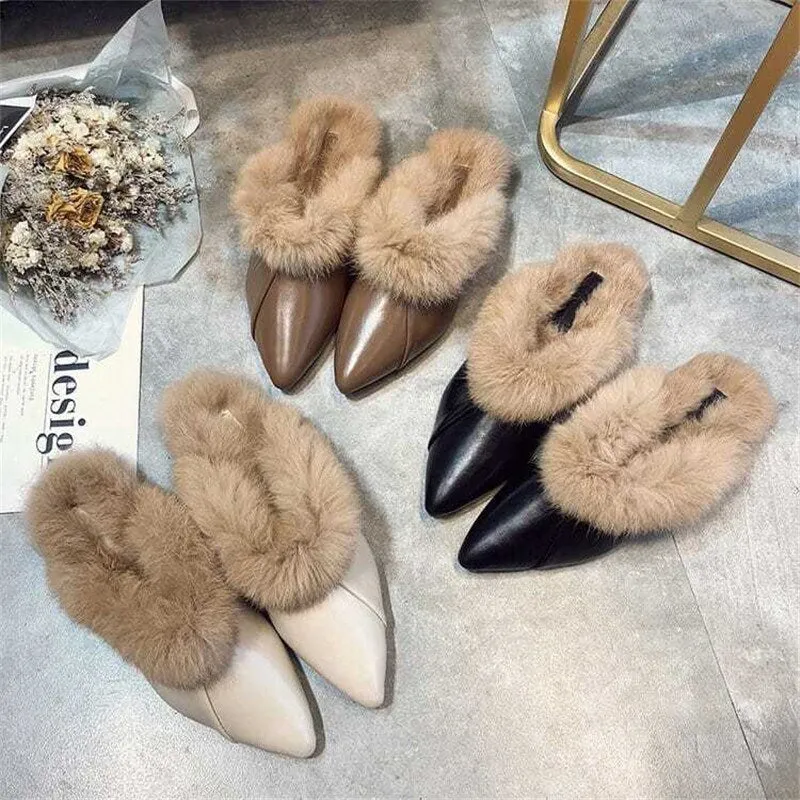 kamames Animal Fur Slides Slippers Women Lady Natural Rabbit Mules Flip Flops Female Fluffy Fur Indoor Sandals Plush Shoes mules