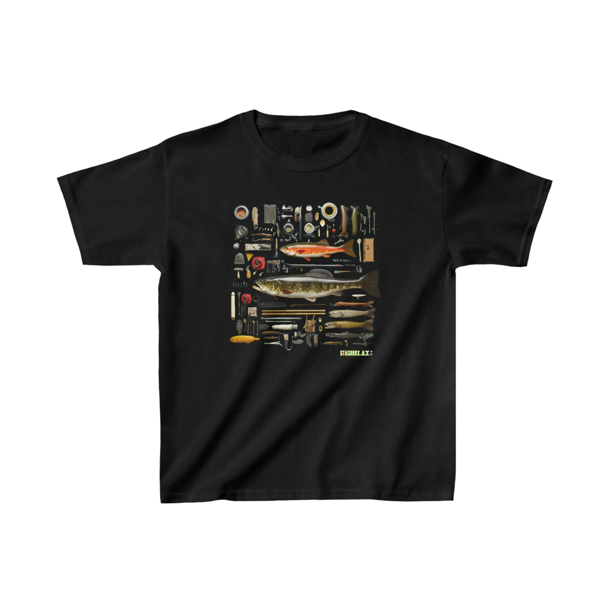 Kids Heavy Cotton™ T-Shirt Fishing Fisherman Knolling Abstract Art 006