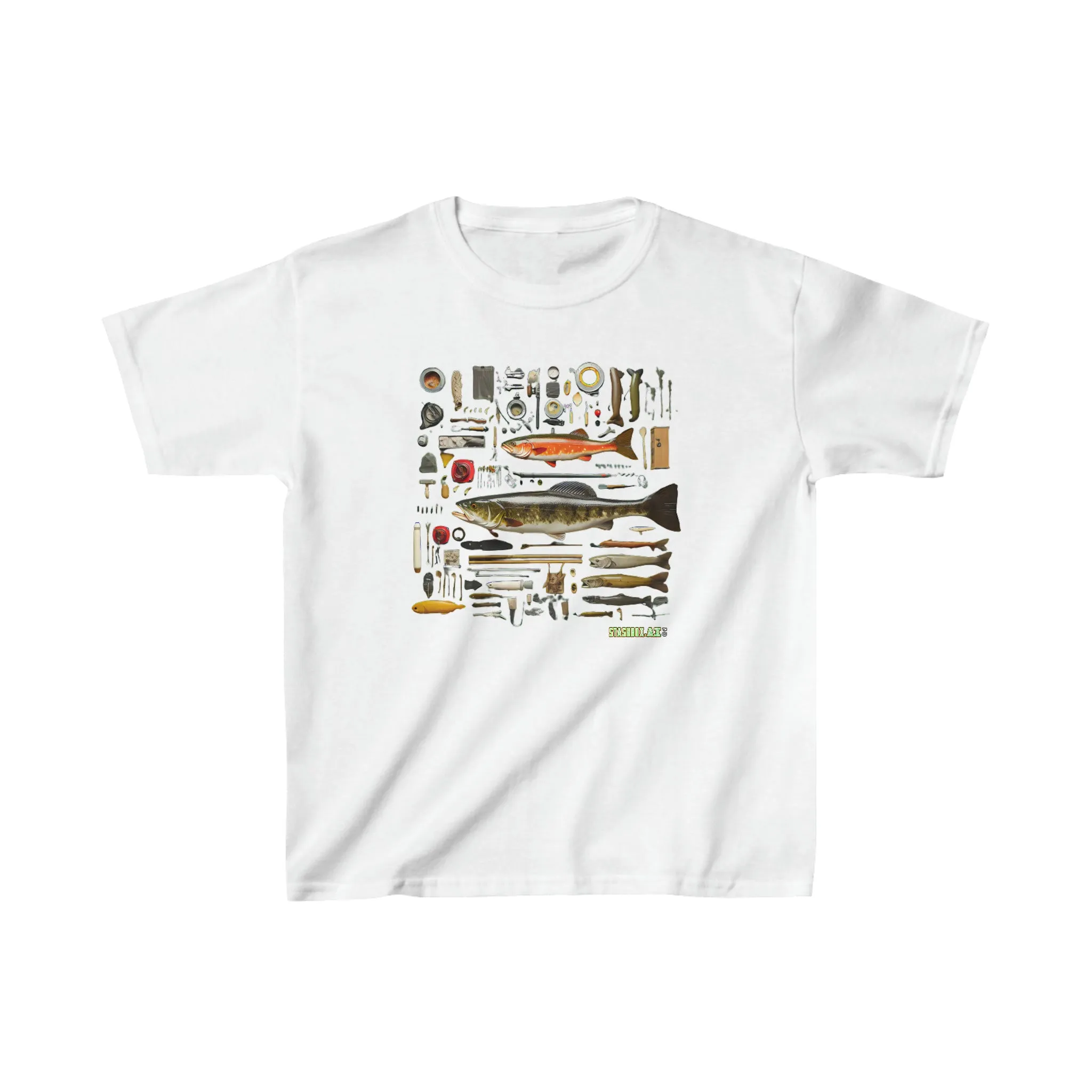 Kids Heavy Cotton™ T-Shirt Fishing Fisherman Knolling Abstract Art 006