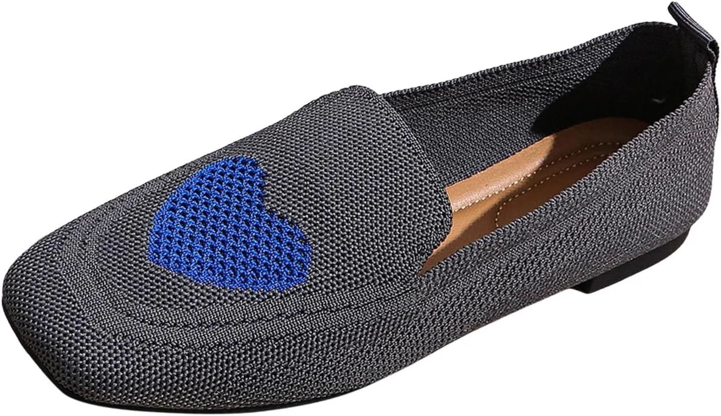 Ladies Casual Solid Color Love Mesh Breathable Fly Weave Shallow Mouth Flat Shoes Single Shoes Soybean Shoes Casual Shoes Arches Sandals