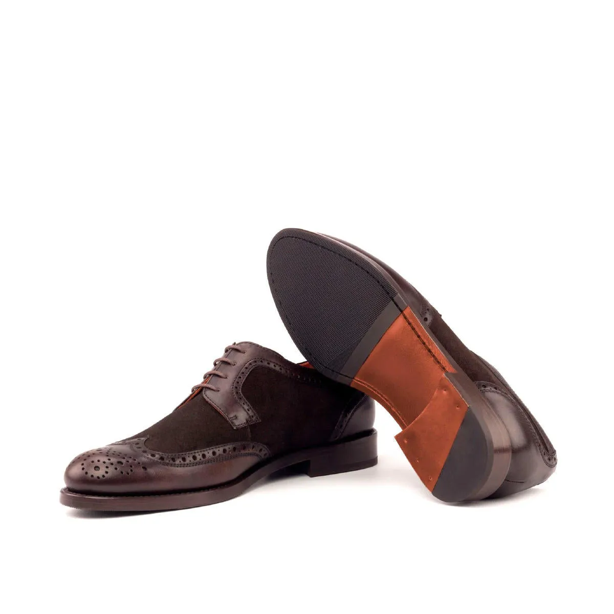 Ladies' Derby Wingtip-Painted Calf, Lux Suede, Dark Brown-Wholesale
