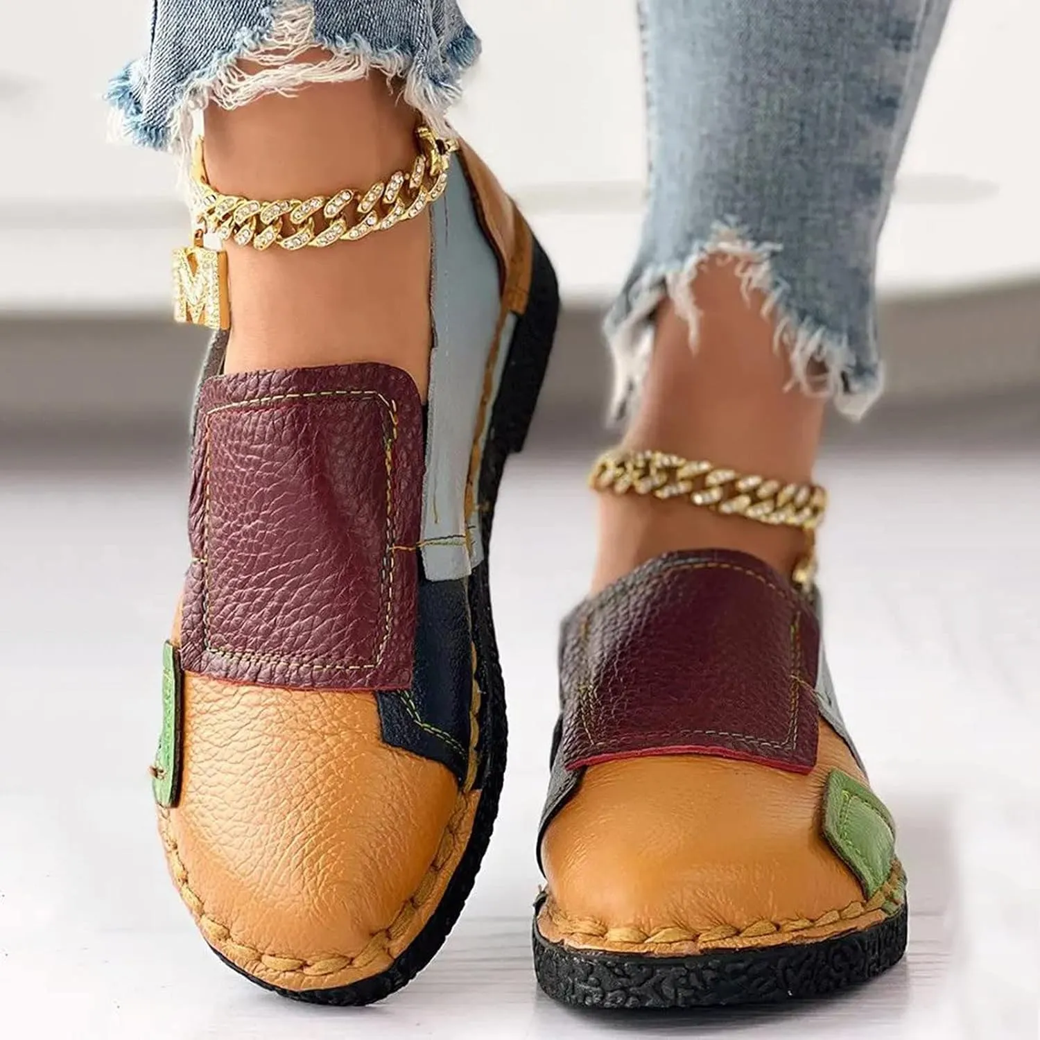 Ladies Fashion Color Blocking Leather Shallow Cut Low Top Comfortable Flat Casual Lot Fashion Men Casual Shoes