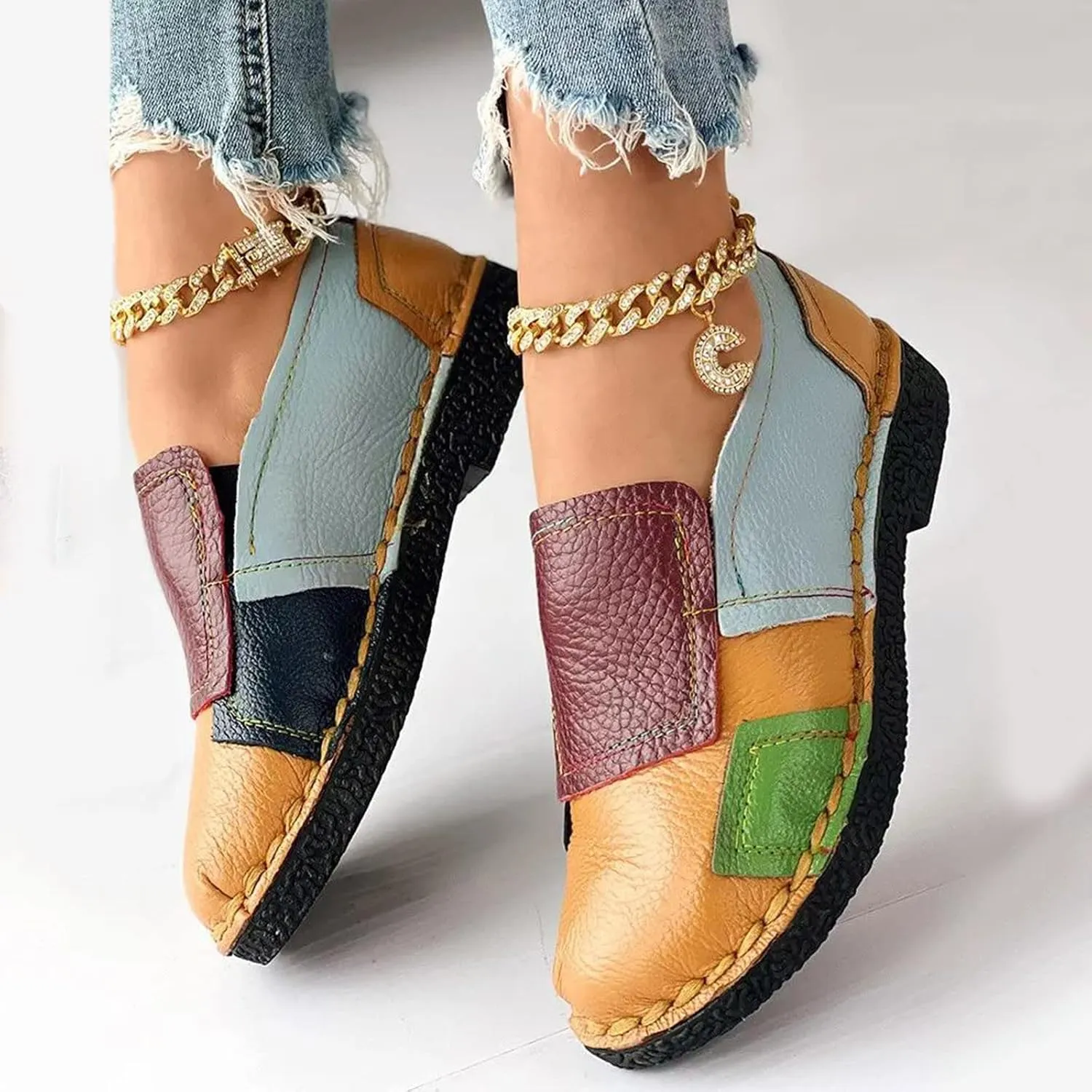 Ladies Fashion Color Blocking Leather Shallow Cut Low Top Comfortable Flat Casual Lot Fashion Men Casual Shoes