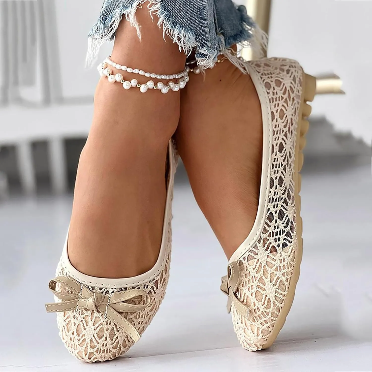 Ladies Hollow Mesh Breathable Bowknot Dance Shoes Casual Shoes Flat Shoes Men's Exp-x14 Casual Shoes