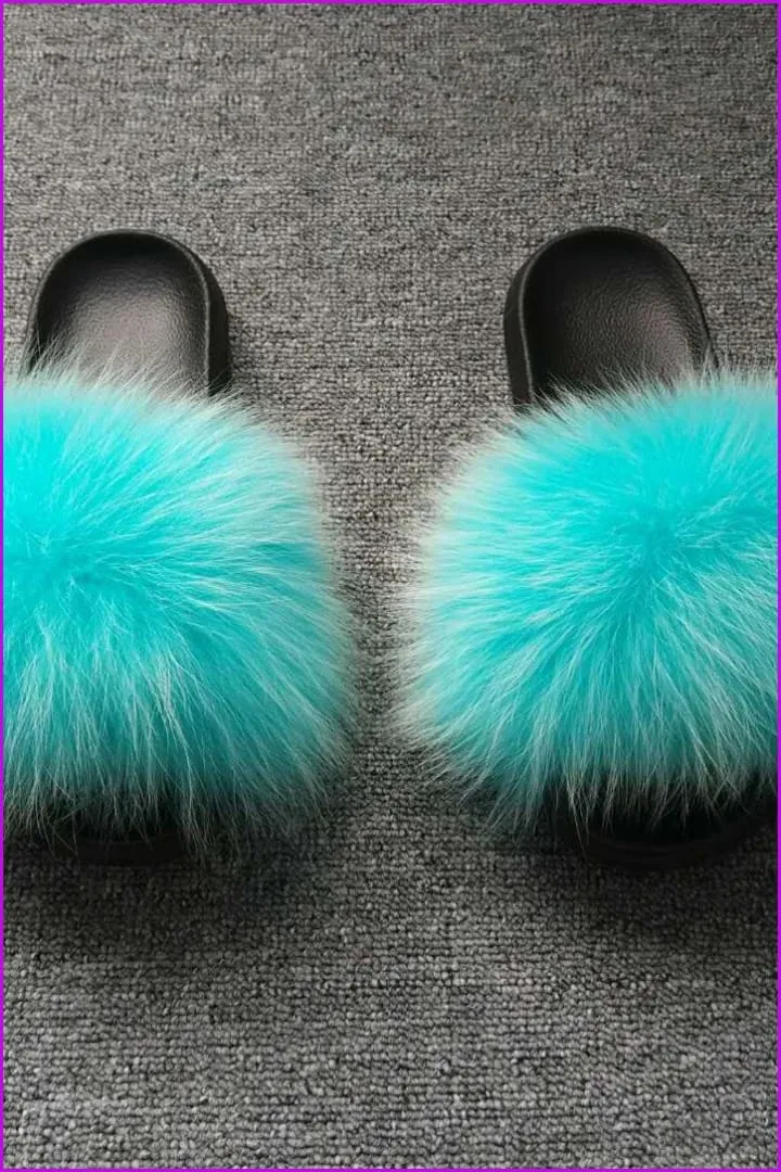 Lake Blue Fox Full-Pelt Fur Sliders DF003