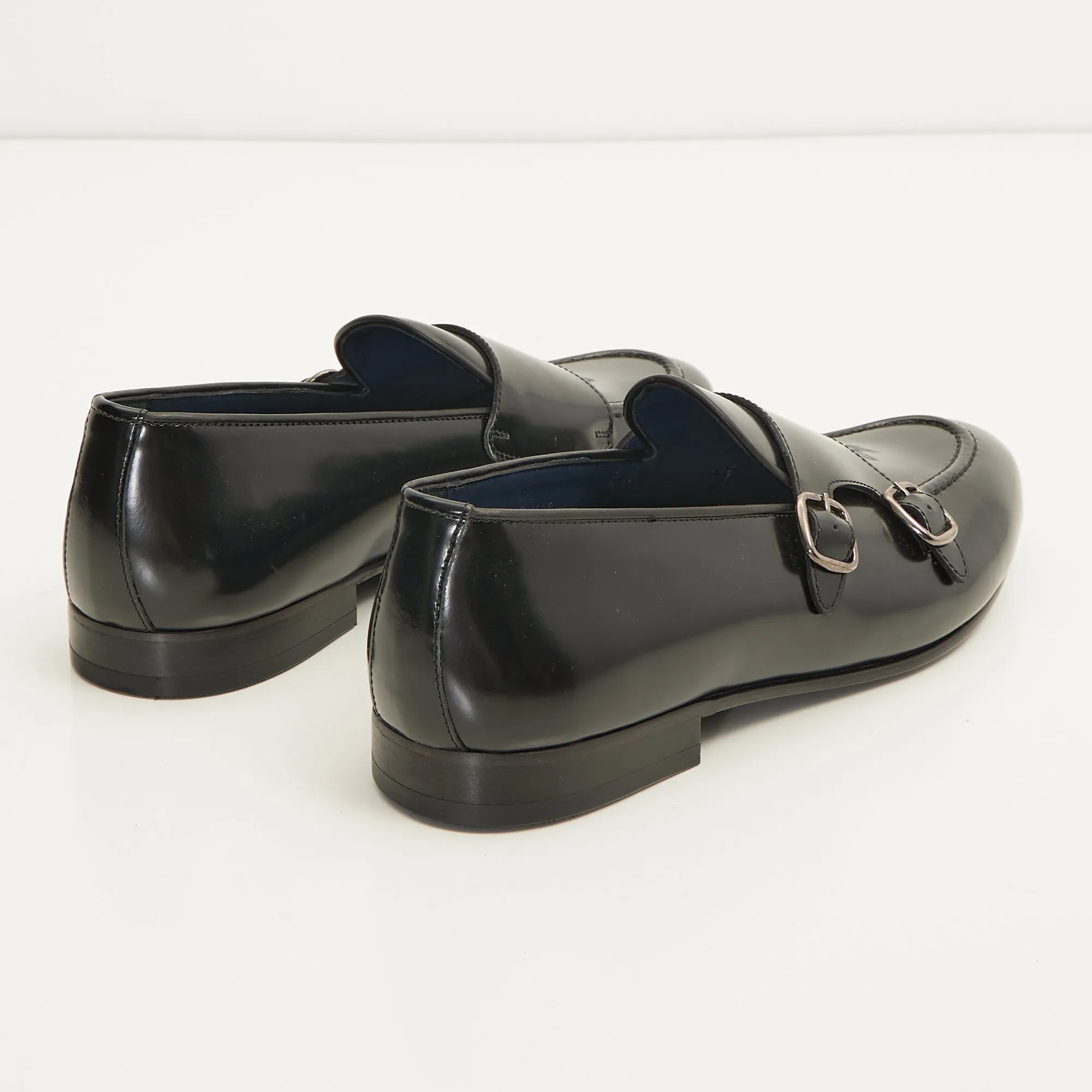 Leather Double Monk Strap Shoes - Black