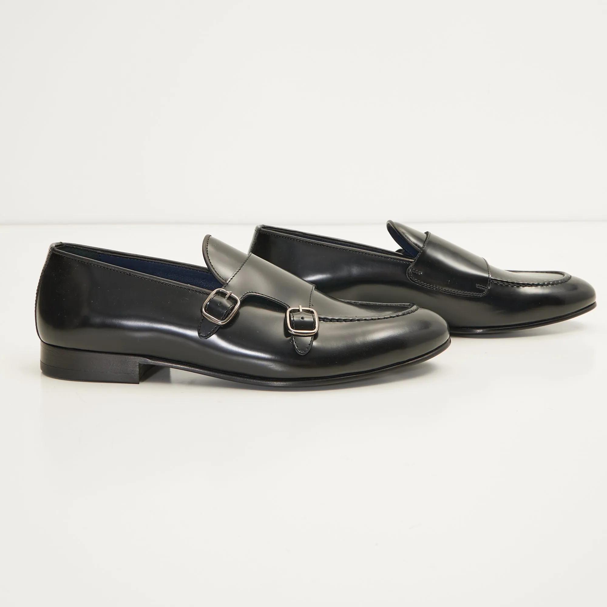 Leather Double Monk Strap Shoes - Black