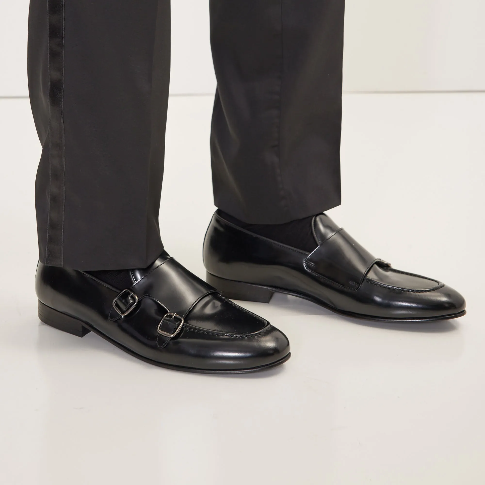 Leather Double Monk Strap Shoes - Black